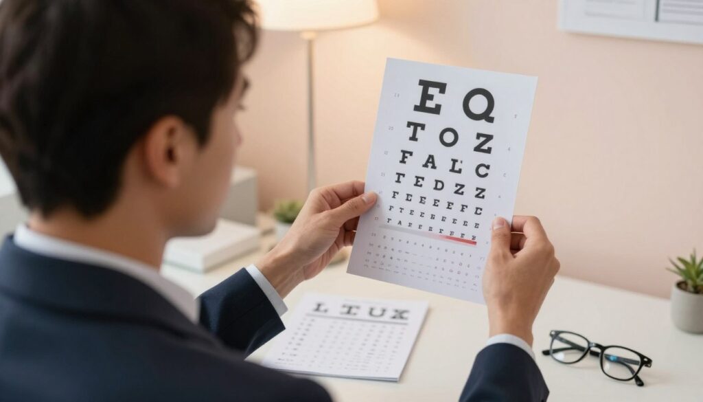 A concerned individual performing a quick self-assessment of their vision after a laser incident. In the foreground, a person in professional attire, with a focused expression, is holding an eye chart at arm's length, examining the text clearly. In the middle ground, a softly lit room with a clinical atmosphere, featuring a desk with an eye care pamphlet and a pair of reading glasses casually placed. The background should include gentle pastel colors and soft, diffused lighting from an overhead lamp, creating a calm and serious mood. The angle should be slightly elevated to capture the person’s determination and the surrounding environment, emphasizing the importance of vision health after a potential incident.