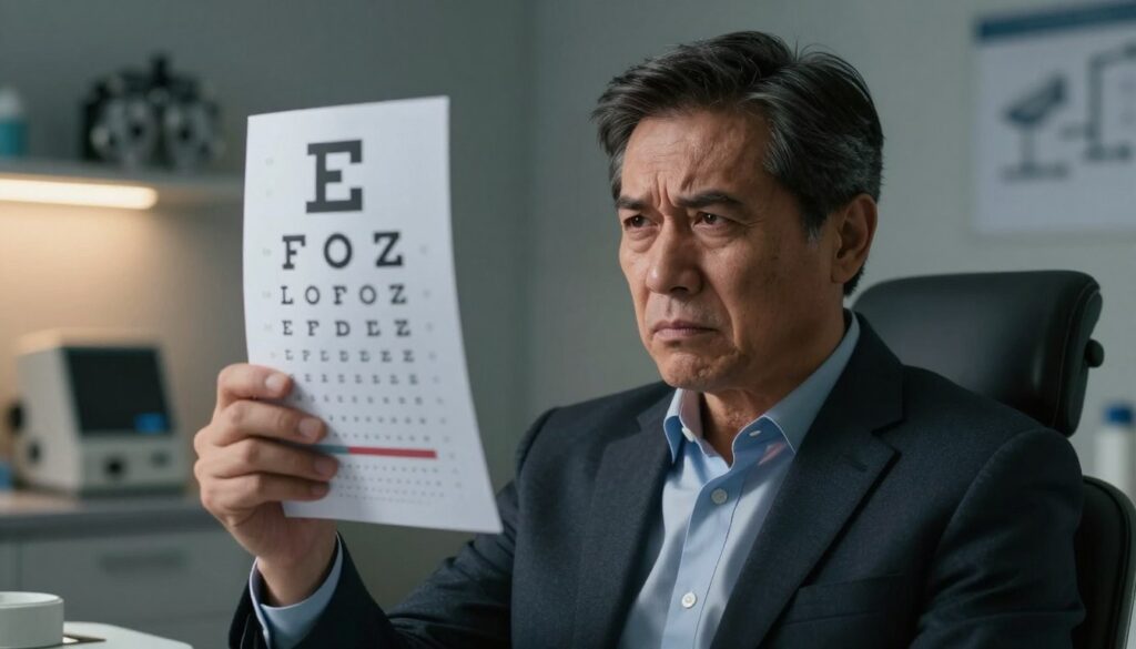 A concerned middle-aged man in a professional attire, standing in a dimly lit medical office, holding an eye chart in one hand while squinting at it with a furrowed brow. His expression conveys worry and distress, highlighting the seriousness of vision problems. In the background, soft-focused medical equipment and an eye examination chair create a clinical atmosphere. A warm, diffuse light from a nearby lamp casts gentle shadows, adding depth to the scene. The foreground features the man’s hand, slightly shaking, emphasizing his anxiety about his vision decline. The overall mood is urgent and serious, capturing the need for immediate medical attention for worsening vision.