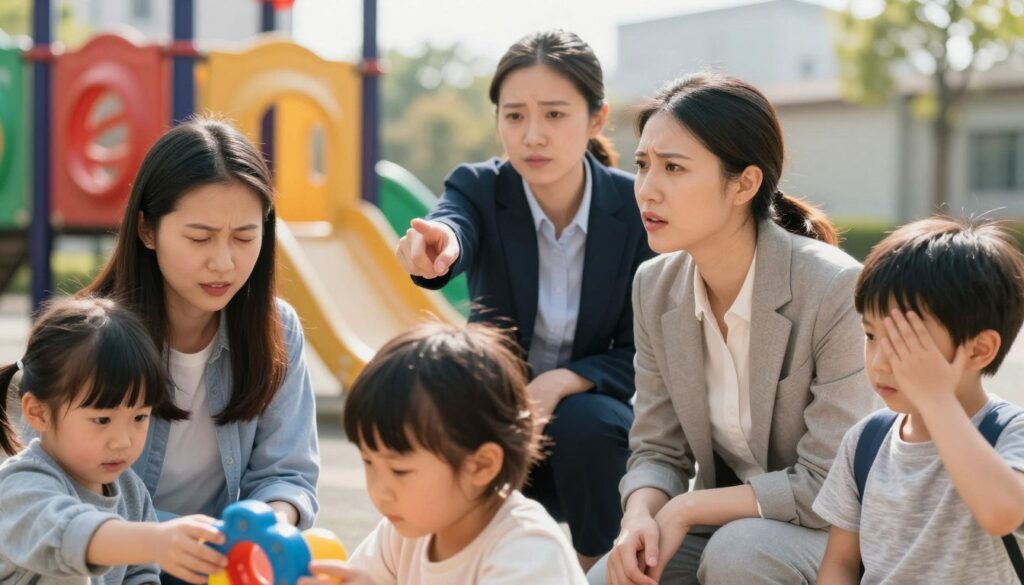 A concerned parent and a teacher are observing a group of young children at a playground, each showcasing signs of vision issues. In the foreground, the parent, wearing smart casual clothing, is squinting and looking attentively at a child who appears to be overly close to a toy. In the middle ground, the teacher, in professional attire, is pointing towards a child who is struggling to catch a ball, conveying worry. The background features a sunny playground with colorful equipment, creating a vibrant atmosphere. Soft, warm lighting emphasizes the scene, capturing the attention of the viewer. A shallow depth of field focuses on the interactions, enhancing the emotional weight of the moment while ensuring the portrayal remains professional and respectful. A concerned parent and a teacher are observing a group of young children at a playground, each showcasing signs of vision issues. In the foreground, the parent, wearing smart casual clothing, is squinting and looking attentively at a child who appears to be overly close to a toy. In the middle ground, the teacher, in professional attire, is pointing towards a child who is struggling to catch a ball, conveying worry. The background features a sunny playground with colorful equipment, creating a vibrant atmosphere. Soft, warm lighting emphasizes the scene, capturing the attention of the viewer. A shallow depth of field focuses on the interactions, enhancing the emotional weight of the moment while ensuring the portrayal remains professional and respectful.