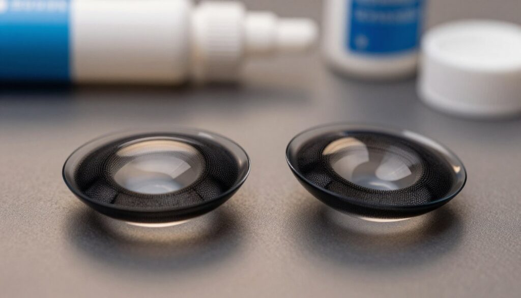 A detailed close-up of a pair of black zero prescription contact lenses, showcasing their intricate surface texture and design. In the foreground, emphasize the lens curvature and edges, glistening slightly under soft, diffused lighting to highlight their clarity. The middle ground features a subtle gradient backdrop in muted tones to provide contrast without distraction, focusing attention on the lenses. In the background, include a blurred assortment of eye-related items, like lens solution bottles and lens cases, to create context. The mood should evoke professionalism and precision, as if this is a technical specification image for eyewear information. The angle should be slightly above eye-level, capturing depth and dimensionality in the depiction of the lenses. A detailed close-up of a pair of black zero prescription contact lenses, showcasing their intricate surface texture and design. In the foreground, emphasize the lens curvature and edges, glistening slightly under soft, diffused lighting to highlight their clarity. The middle ground features a subtle gradient backdrop in muted tones to provide contrast without distraction, focusing attention on the lenses. In the background, include a blurred assortment of eye-related items, like lens solution bottles and lens cases, to create context. The mood should evoke professionalism and precision, as if this is a technical specification image for eyewear information. The angle should be slightly above eye-level, capturing depth and dimensionality in the depiction of the lenses.