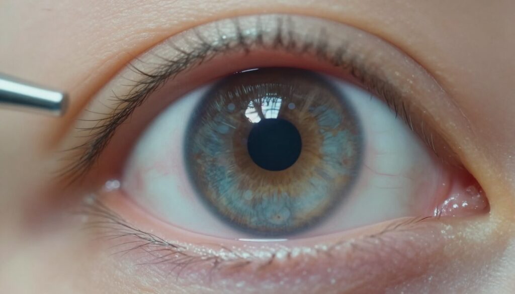 A detailed close-up of an eye affected by cataracts, showcasing the cloudy lens in its natural environment. In the foreground, the eye should be centered, highlighting the distinct opacities of the lens with soft focus. The middle layer features gentle, diffused lighting that emphasizes the eye's details, casting a subtle glow around the iris, making the colors appear vibrant yet slightly muted. In the background, faint medical instruments are blurred to suggest an eye clinic setting, adding context without distraction. The overall mood is clinical and informative, conveying a sense of seriousness about eye health. Use a macro lens perspective to capture intricate details of the eye while maintaining a candid, professional tone.