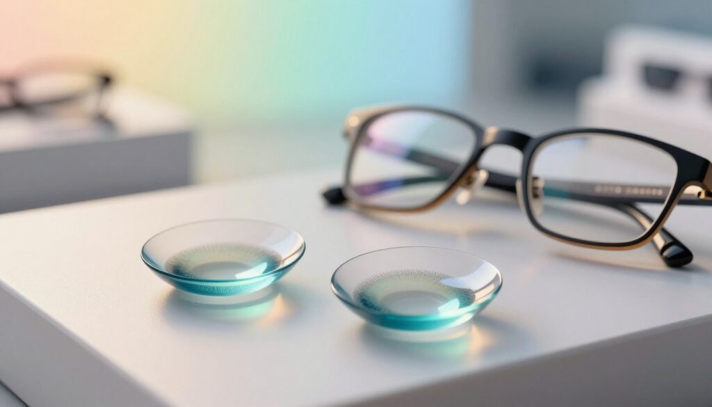 A detailed close-up of multifocal contact lenses displayed on a sleek, modern surface, emphasizing their unique layers and design. The lenses are positioned in the foreground, showcasing their curvature and the transition zones for varying prescriptions. Surrounding them, a softly blurred background features a subtle gradient of calming colors, hinting at an optical store's interior. Natural light filters in, creating a warm ambiance, with gentle reflections on the lenses to highlight their clarity and quality. Beside the lenses, a pair of stylish reading glasses rests, symbolizing the convenience and versatility of multifocal lenses in everyday life. The mood is informative and professional, perfect for illustrating the topic of progressive lenses and their types in a tech-savvy environment.