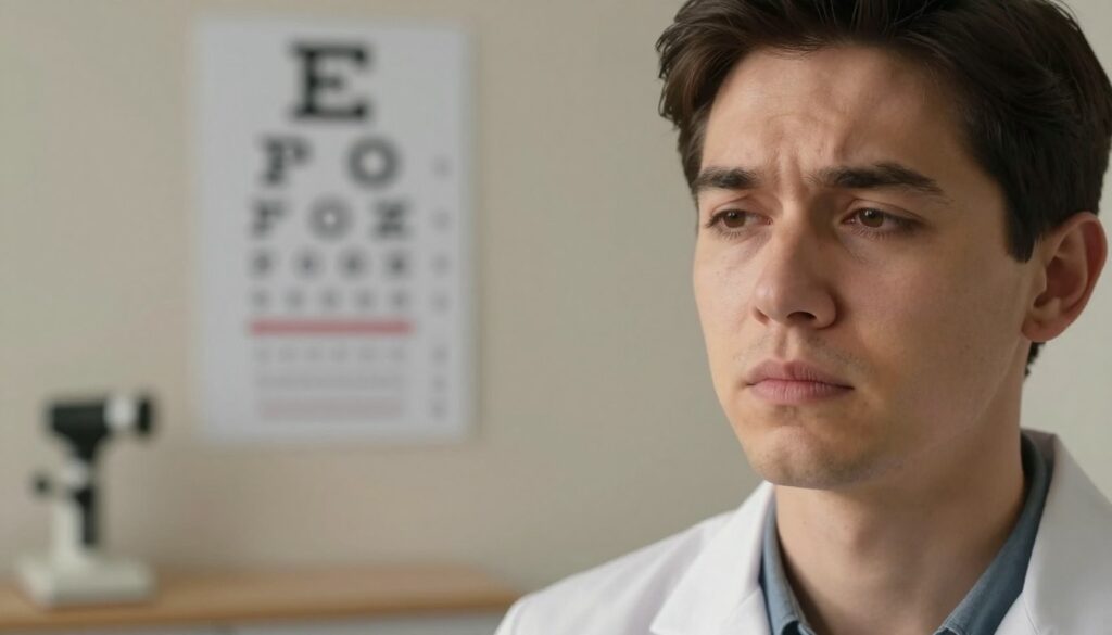 A detailed depiction of a person experiencing blurred vision in a calm, clinical setting. In the foreground, a close-up of a young adult, eyes slightly squinted, showing concern and focus, wearing professional attire. In the middle ground, a blurred eye chart on the wall, emphasizing the visual impairment theme, alongside medical examination tools like an ophthalmoscope. The background captures a softly lit consultation room with neutral colors, conveying a sense of professionalism and seriousness. The lighting should be warm and inviting, with soft shadows enhancing the mood of introspection. The atmosphere is one of concern yet hope, emphasizing the importance of diagnosis and understanding blurred vision causes.