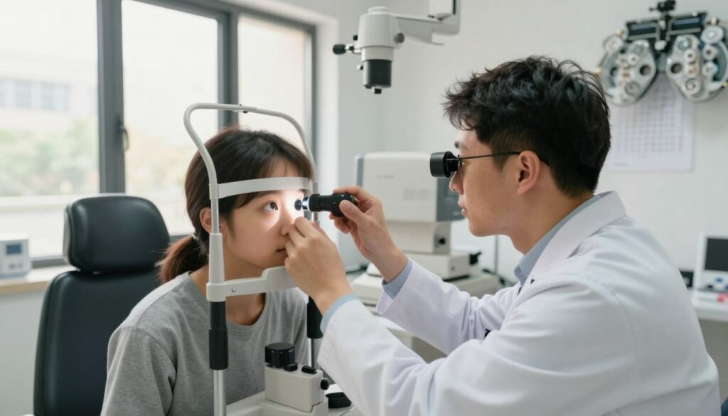 A detailed eye examination scene in a professional clinic. In the foreground, a doctor, dressed in a white coat, is using a bright handheld device to examine a patient's eye, which looks curious and attentive. The middle ground features an examination chair with various eye testing equipment, including a large machine for vision tests and charts hanging on the wall. In the background, there are large windows letting in soft, natural sunlight, creating a warm and inviting atmosphere. The room is organized and clean, giving off a sense of professionalism and care. The overall mood is clinical yet reassuring, symbolizing the importance of eye health, especially for those considering bungee jumps. The image should be sharp and well-lit, capturing the focus on the eye examination process.