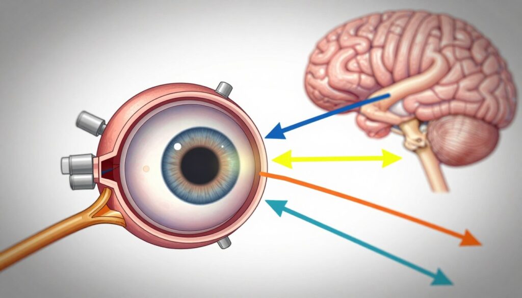 A detailed illustration of the visual pathway, highlighting the journey of light through the human eye, focusing on the eyeball's components like the cornea, lens, and retina. In the foreground, include a clear, labeled diagram of the human eye, showcasing the optic nerve extending towards the brain. The middle ground should display arrows or lines illustrating the flow of visual information from the eye to the brain, with bright, educational colors. In the background, a blurred representation of a neural pathway could hint at the connection to the brain. Use soft lighting to create a scientific, informative atmosphere, with a slight vignette around the edges to draw attention to the eye's details. The image should evoke a sense of exploration and understanding of vision processes.