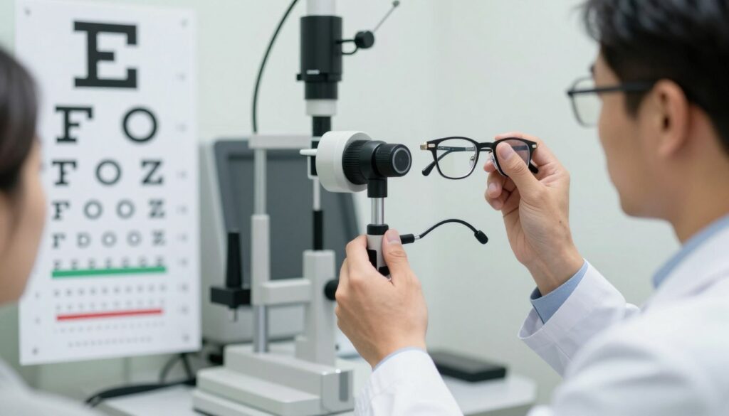 A detailed image depicting the concept of diopters as they relate to vision assessment. In the foreground, show a close-up of an eye chart with varying letters demonstrating different visual acuities, highlighting the significance of diopters in evaluating eyesight. The middle ground features a professional ophthalmologist in business attire, holding a lensometer, carefully examining a patient's eyeglass prescription. The background includes an optometry clinic setting with practical elements like a phoropter, diagnostic equipment, and soft lighting that creates a calm environment. The atmosphere should convey seriousness and professionalism, reflecting the importance of accurate vision assessment, while emphasizing the advanced technology used in eye examinations. A detailed image depicting the concept of diopters as they relate to vision assessment. In the foreground, show a close-up of an eye chart with varying letters demonstrating different visual acuities, highlighting the significance of diopters in evaluating eyesight. The middle ground features a professional ophthalmologist in business attire, holding a lensometer, carefully examining a patient's eyeglass prescription. The background includes an optometry clinic setting with practical elements like a phoropter, diagnostic equipment, and soft lighting that creates a calm environment. The atmosphere should convey seriousness and professionalism, reflecting the importance of accurate vision assessment, while emphasizing the advanced technology used in eye examinations.