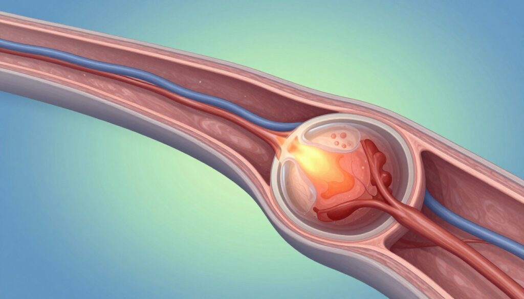 A detailed medical illustration of the optic nerve, showcasing ischemic optic neuropathy. In the foreground, a close-up view of the optic nerve head, highlighting areas of inflammation and vascular occlusion, depicted in a semi-transparent style to reveal internal structures. The middle layer includes surrounding retinal tissue and blood vessels with subtle color variations to indicate health versus damage. The background features a faint gradient of blue and green, creating a calming yet serious atmosphere, symbolic of health and medical precision. Lighting is soft and even to avoid harsh shadows, capturing fine details. The angle should provide a slightly elevated perspective to enhance depth and understanding of the anatomy. Overall, the image should maintain a professional, clinical feel to convey the seriousness of the condition.
