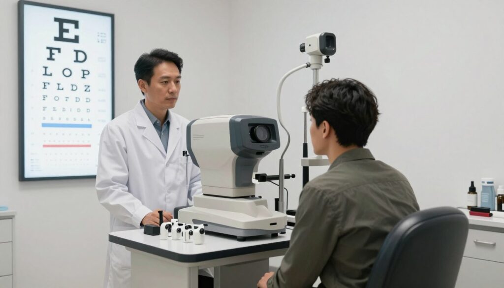 A detailed scene depicting an eye examination focused on visual acuity. In the foreground, a well-lit vision chart with large letters, showcasing various fonts and sizes, positioned on a white wall. A professional optometrist, wearing a white lab coat, is standing beside the chart, engaging with a patient, who is seated in a modern exam chair. The patient, dressed in smart casual attire, is peering at the chart with concentration. In the middle ground, include an eye testing machine and various optical instruments arranged neatly on a sleek counter. In the background, soft ambient lighting creates a calm atmosphere, emphasizing the clinical yet welcoming environment of an eye care clinic. Use a high-resolution lens to capture a clear and crisp image with balanced colors.