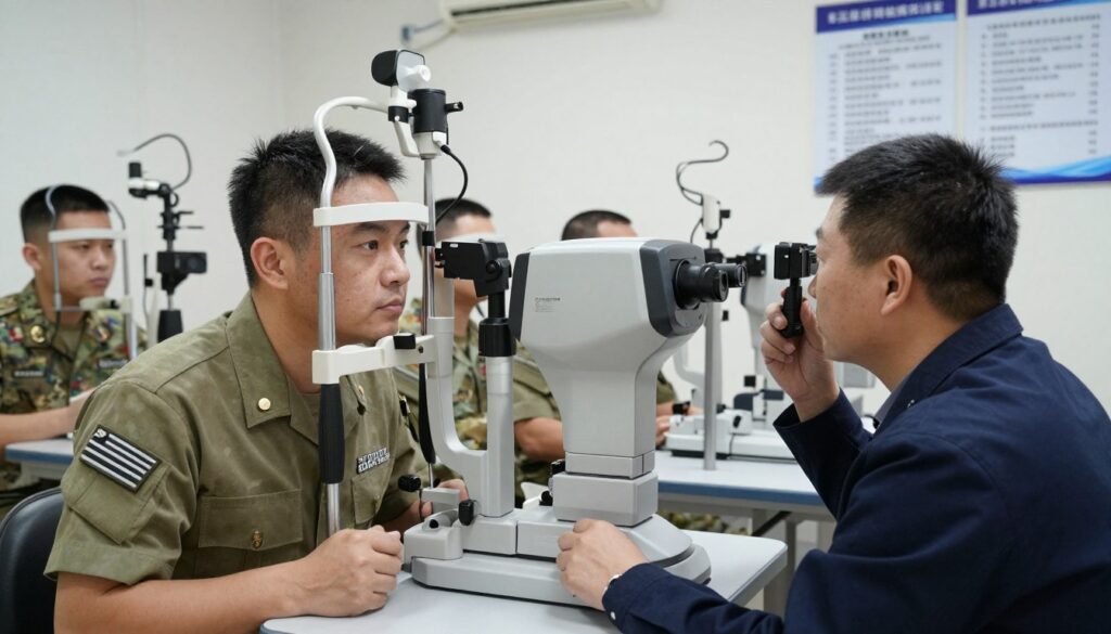 A diverse group of military personnel engaged in an eye examination in a modern testing facility. In the foreground, a middle-aged service member, wearing a neatly pressed military uniform, is undergoing an eye test with an optometrist, who is dressed in professional attire. The middle ground showcases high-tech eye examination equipment, with focused lighting illuminating the instruments. In the background, posters related to vision standards for military service are displayed on the walls. The atmosphere is serious yet professional, emphasizing the importance of vision in military readiness. The scene is shot at a slight angle to create depth, with soft, natural lighting highlighting the characters' expressions. A diverse group of military personnel engaged in an eye examination in a modern testing facility. In the foreground, a middle-aged service member, wearing a neatly pressed military uniform, is undergoing an eye test with an optometrist, who is dressed in professional attire. The middle ground showcases high-tech eye examination equipment, with focused lighting illuminating the instruments. In the background, posters related to vision standards for military service are displayed on the walls. The atmosphere is serious yet professional, emphasizing the importance of vision in military readiness. The scene is shot at a slight angle to create depth, with soft, natural lighting highlighting the characters' expressions.