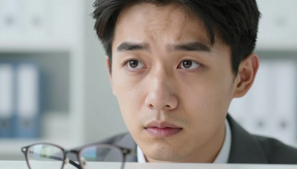 A focused close-up of a young adult with serious facial expressions, highlighting their eyes to depict symptoms of hyperopia. The person is wearing professional business attire, looking slightly concerned, against a softly blurred clinic background. The lighting is bright and clinical, emphasizing the clarity of the eyes while creating a sense of urgency. Subtle reflections in the eyes show signs of strain, like squinting slightly or a thoughtful gaze. In the foreground, a pair of eyeglasses rests on a desk, suggesting the necessity of eye examinations. The mood should be informative yet slightly anxious, conveying the importance of recognizing vision issues. Lens perspective should be sharp to highlight the eyes sharply while softening the surroundings. A focused close-up of a young adult with serious facial expressions, highlighting their eyes to depict symptoms of hyperopia. The person is wearing professional business attire, looking slightly concerned, against a softly blurred clinic background. The lighting is bright and clinical, emphasizing the clarity of the eyes while creating a sense of urgency. Subtle reflections in the eyes show signs of strain, like squinting slightly or a thoughtful gaze. In the foreground, a pair of eyeglasses rests on a desk, suggesting the necessity of eye examinations. The mood should be informative yet slightly anxious, conveying the importance of recognizing vision issues. Lens perspective should be sharp to highlight the eyes sharply while softening the surroundings.