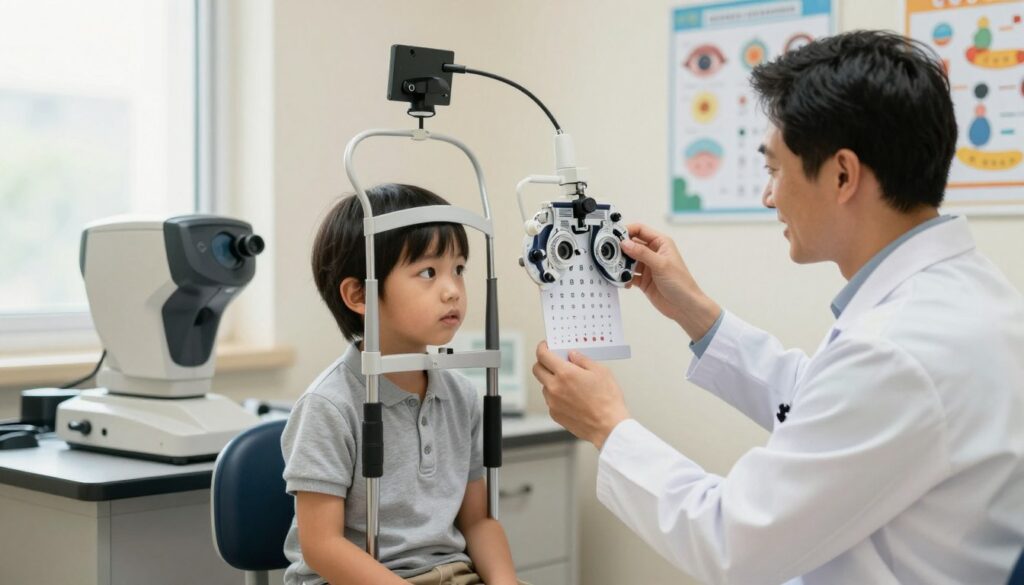 A focused pediatric eye examination scene, showcasing a young child sitting on an examination chair, appearing curious and attentive. The foreground features a friendly, professional optometrist in a white lab coat, demonstrating the use of an eye chart. The middle ground includes specialized eye examination equipment, like a slit lamp and an autorefractor, arranged neatly. In the background, a gentle light filters through a large window, creating a warm and inviting atmosphere. The room is decorated with colorful educational posters related to eye health, enhancing the atmosphere of care and learning. The composition uses soft, natural lighting and a slight depth of field to emphasize the interaction between the child and the optometrist. The mood is reassuring and professional, conveying importance and accessibility in pediatric eye care.