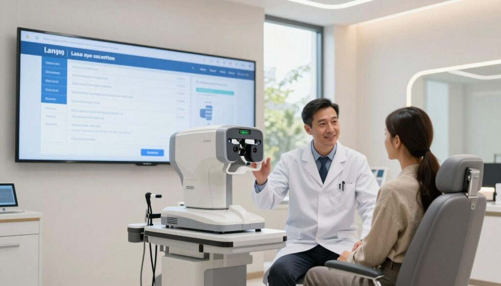 A futuristic eye clinic setting focused on laser vision correction. In the foreground, a well-dressed doctor in a white coat is discussing treatment options with a patient seated in a modern consultation chair. The doctor gestures towards a high-tech laser eye surgery machine, showcasing sleek, advanced technology. The middle section features large, interactive digital screens displaying information about financing options for laser eye surgery, creating an informative atmosphere. Soft, ambient lighting highlights the professionalism of the clinic, while large windows in the background reveal a bright, sunny day outside, adding warmth to the space. The overall mood is reassuring and optimistic, emphasizing patient care and innovative solutions.