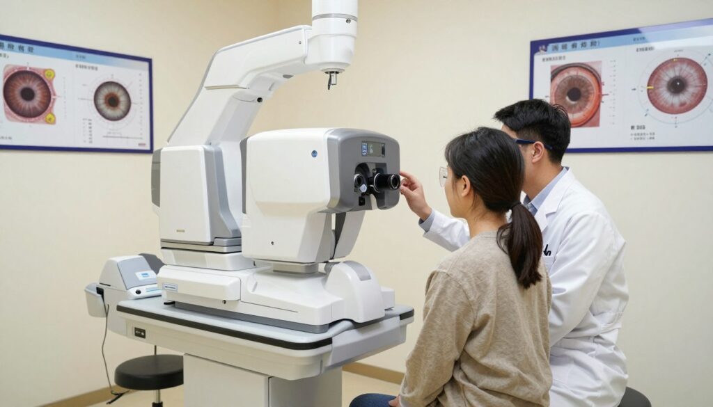 A high-tech eye clinic interior showcasing a sleek, modern laser eye surgery room. In the foreground, a professional ophthalmologist, dressed in a white lab coat and safety goggles, is discussing laser vision correction options with a patient in modest casual attire. The middle ground features advanced laser equipment prominently displayed, highlighting its precision and sophistication. The background has clean, calming colors with soft lighting to create a reassuring atmosphere, emphasizing trust and professionalism. Key visual elements include detailed charts of eye anatomy and method comparisons on the walls, capturing the essence of cost considerations in laser eye surgery. The scene is well-lit, with a focus on clarity and engagement, embodying a sense of hope and innovation in eye care.