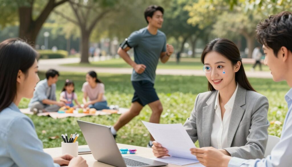 A lifestyle scene depicting a diverse group of people engaged in various daily activities, highlighting how they incorporate contact lenses into their routines. In the foreground, a young woman in professional attire reviews documents at a desk, wearing contact lenses and smiling as she interacts with a colleague. In the middle ground, a man jogs in a park, wearing sports gear, with a fresh and vibrant flair. In the background, a relaxed family enjoys a picnic, with children playing while adults converse cheerfully. The lighting is bright and inviting, suggesting a sunny day. The atmosphere is active yet harmonious, conveying a sense of balance between work and leisure, illustrating how different lifestyles can benefit from the right lens choices. A lifestyle scene depicting a diverse group of people engaged in various daily activities, highlighting how they incorporate contact lenses into their routines. In the foreground, a young woman in professional attire reviews documents at a desk, wearing contact lenses and smiling as she interacts with a colleague. In the middle ground, a man jogs in a park, wearing sports gear, with a fresh and vibrant flair. In the background, a relaxed family enjoys a picnic, with children playing while adults converse cheerfully. The lighting is bright and inviting, suggesting a sunny day. The atmosphere is active yet harmonious, conveying a sense of balance between work and leisure, illustrating how different lifestyles can benefit from the right lens choices.