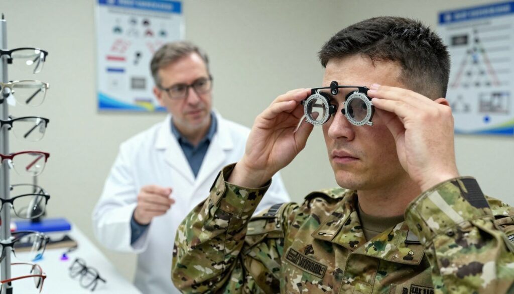 A military optometrist conducting an eye examination for a soldier, providing a close-up view of a soldier trying on different pairs of glasses. The foreground features the soldier in military uniform, looking focused, with a concerned expression as they test vision correction tools. The middle ground includes the optometrist in professional attire, explaining the options, surrounded by various eyeglasses and contact lenses. The background shows a military clinic with posters about eye care and vision tests. Soft, clinical lighting illuminates the scene, creating a serious yet hopeful atmosphere, as it emphasizes the importance of vision correction in military service. The composition is shot from a slightly elevated angle for a dynamic perspective. A military optometrist conducting an eye examination for a soldier, providing a close-up view of a soldier trying on different pairs of glasses. The foreground features the soldier in military uniform, looking focused, with a concerned expression as they test vision correction tools. The middle ground includes the optometrist in professional attire, explaining the options, surrounded by various eyeglasses and contact lenses. The background shows a military clinic with posters about eye care and vision tests. Soft, clinical lighting illuminates the scene, creating a serious yet hopeful atmosphere, as it emphasizes the importance of vision correction in military service. The composition is shot from a slightly elevated angle for a dynamic perspective.