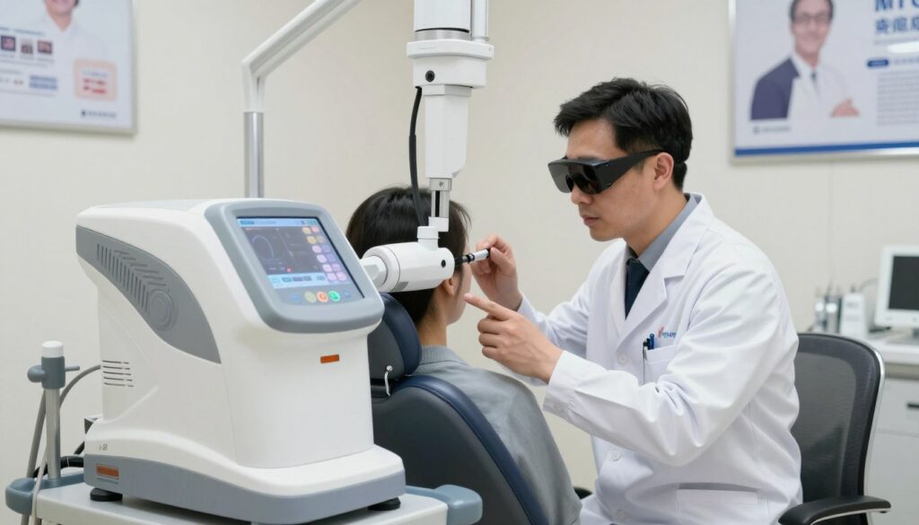 A modern laser YAG machine in a bright, sterile ophthalmology clinic. In the foreground, a close-up of the advanced laser device, showcasing its sleek design and control panel with illuminated buttons. In the middle ground, a professional ophthalmologist in a white lab coat, wearing protective eyewear, attentively explaining the procedure to a patient seated in a comfortable chair. The background features soft lighting with blurred medical posters on the walls, creating a calm and reassuring atmosphere. The scene is well-lit, capturing the precision of the laser equipment and the professionalism of the healthcare environment, emphasizing the advanced technology used in eye correction treatments.