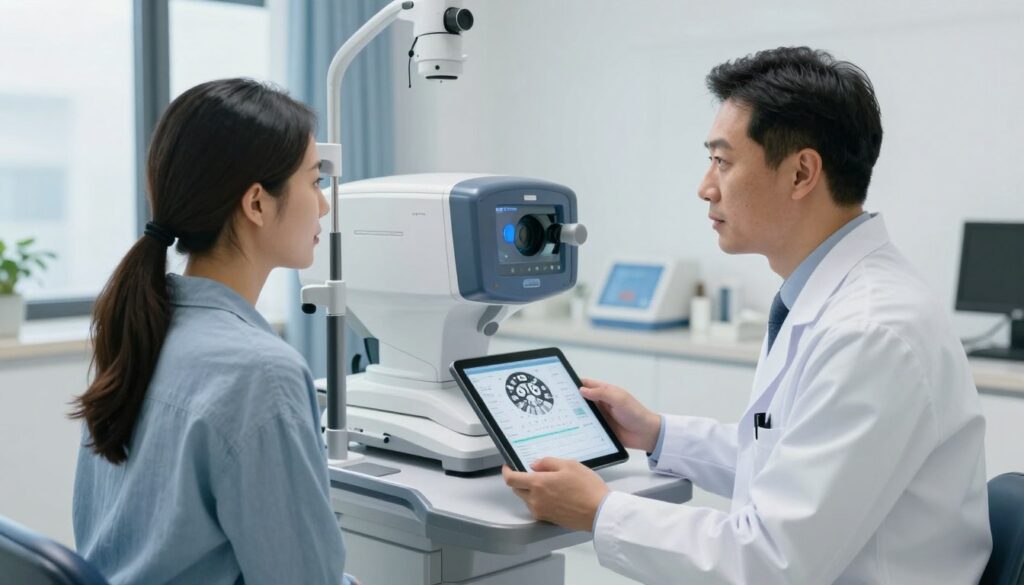 A modern ophthalmology clinic during a laser eye surgery consultation. In the foreground, a professional ophthalmologist in a lab coat is discussing the procedure with a patient, who is wearing modest casual clothing. The doctor holds a tablet displaying eye charts and information about laser correction. In the middle, a sleek, high-tech diagnostic machine is illuminated softly, showcasing its advanced features. The background features a bright, calming clinic environment with large windows allowing natural light to filter in, creating an inviting and professional atmosphere. The color scheme includes soothing blues and whites, conveying a sense of trust and expertise. The angle captures the engagement between the doctor and patient, emphasizing the informative and reassuring nature of the consultation. A modern ophthalmology clinic during a laser eye surgery consultation. In the foreground, a professional ophthalmologist in a lab coat is discussing the procedure with a patient, who is wearing modest casual clothing. The doctor holds a tablet displaying eye charts and information about laser correction. In the middle, a sleek, high-tech diagnostic machine is illuminated softly, showcasing its advanced features. The background features a bright, calming clinic environment with large windows allowing natural light to filter in, creating an inviting and professional atmosphere. The color scheme includes soothing blues and whites, conveying a sense of trust and expertise. The angle captures the engagement between the doctor and patient, emphasizing the informative and reassuring nature of the consultation.