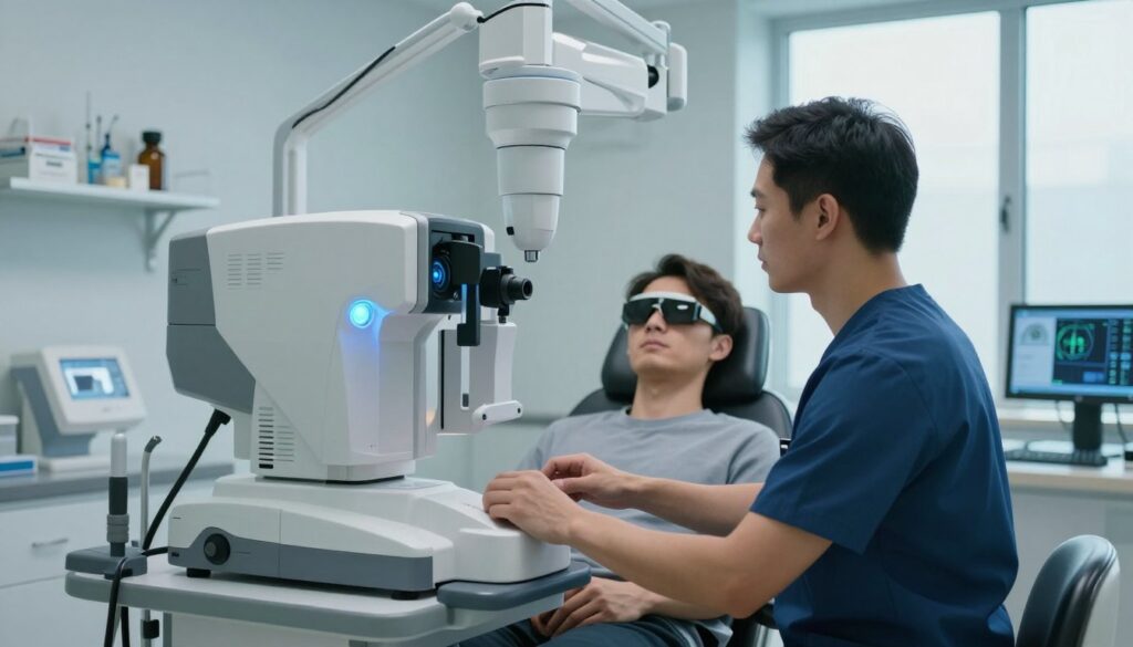 A modern ophthalmology clinic interior focusing on laser vision correction methods. In the foreground, a highly detailed surgical laser machine with glowing elements, showcasing a technician in professional attire operating it. In the middle ground, a patient in a reclining chair, relaxed and wearing protective eyewear, with visible anticipation on their face. Soft, diffused LED lighting creates a calm atmosphere, highlighting the medical equipment and a digital monitor displaying eye examination results. In the background, shelves with medical tools and a large window letting in natural light, creating a welcoming environment. The color palette includes soothing blues and whites, symbolizing trust and professionalism.