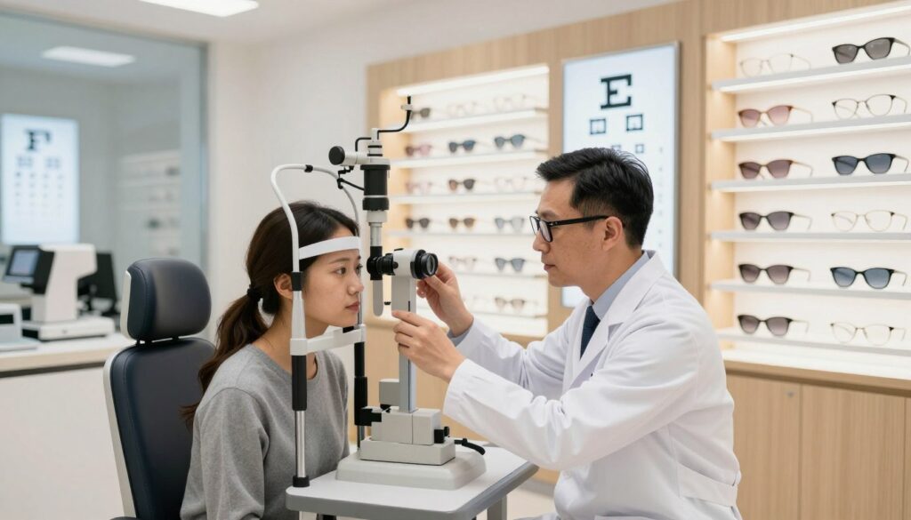 A modern optical store interior showcasing a professional eye examination in progress. In the foreground, a well-dressed optometrist, wearing a white lab coat, is attentively guiding a client seated in an examination chair, adjusting an eye-testing device. The optometrist has short, neat hair and wears stylish eyeglasses. In the middle, there are various vision testing instruments, such as a phoropter and an eye chart clearly visible. Shelves in the background display an assortment of fashionable eyeglasses and sunglasses. The lighting is bright and inviting, emphasizing a clean and organized environment. The overall atmosphere conveys professionalism and comfort, suitable for a health-related service. Use a wide-angle lens to capture a spacious feel. A modern optical store interior showcasing a professional eye examination in progress. In the foreground, a well-dressed optometrist, wearing a white lab coat, is attentively guiding a client seated in an examination chair, adjusting an eye-testing device. The optometrist has short, neat hair and wears stylish eyeglasses. In the middle, there are various vision testing instruments, such as a phoropter and an eye chart clearly visible. Shelves in the background display an assortment of fashionable eyeglasses and sunglasses. The lighting is bright and inviting, emphasizing a clean and organized environment. The overall atmosphere conveys professionalism and comfort, suitable for a health-related service. Use a wide-angle lens to capture a spacious feel.