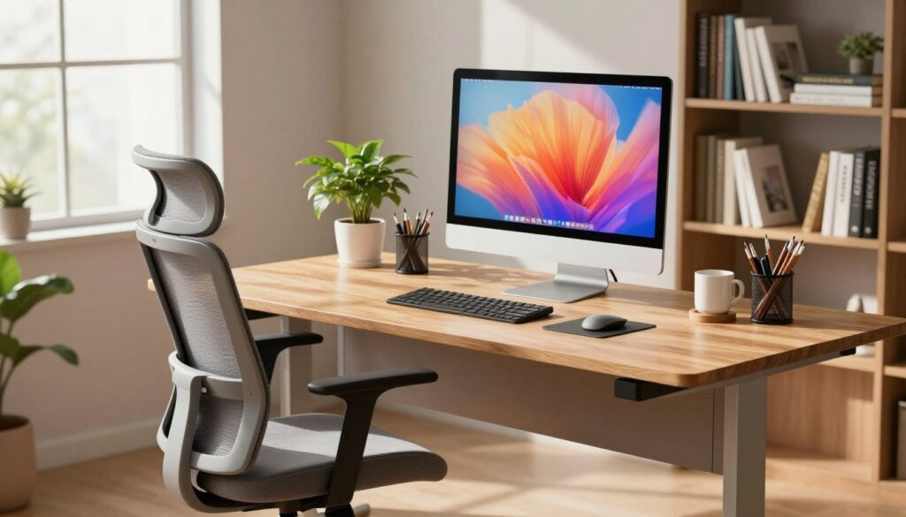 A modern workplace ergonomics setup, featuring a stylish ergonomic office chair and an adjustable desk positioned at the right height. A large computer monitor is placed at an ideal viewing distance, showcasing a clear screen displaying vibrant visuals, all placed on a clean wooden desk. In the foreground, a well-organized workspace with stationery and a plant adds a touch of nature. Soft, natural light filters through a nearby window, casting gentle shadows that enhance the sense of calm and focus. In the background, a bookshelf filled with neatly arranged books complements the professional atmosphere. The scene conveys a sense of productivity and comfort, promoting safe eye habits while working at a desk.