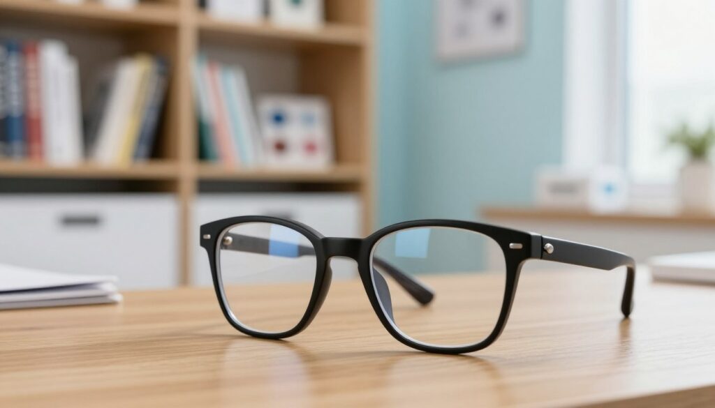 A pair of stylish, modern corrective glasses resting on a wooden desk, with a soft-focus background of an inviting, well-lit optometry office. In the foreground, the glasses feature sleek black frames, with a subtle reflection on the lenses that hints at the bright, office lighting. The middle layer shows a blurred bookshelf filled with eye care books and educational materials, symbolizing knowledge about vision correction. The background features a calming pale blue wall, enhancing the sense of professionalism and tranquility. Soft, natural light from a nearby window creates a warm atmosphere, evoking a sense of clarity and focus. This image conveys the importance of eyewear in achieving optimal vision.