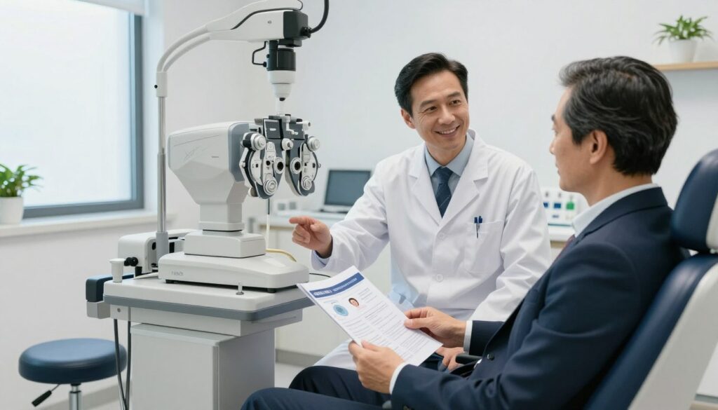 A patient preparing for laser vision correction in a modern clinic setting. In the foreground, the patient, a middle-aged individual in professional business attire, is sitting in a comfortable examination chair, looking at informational brochures on eye health. The middle ground features medical equipment such as an eye chart, a diagnostic machine, and a friendly ophthalmologist in a lab coat explaining the procedure. The background showcases a clean, well-lit clinic interior with soft white and blue tones, large windows allowing natural light, and calming decor. The atmosphere is reassuring, focused, and emphasizes a sense of professionalism and care, capturing the essential preparatory steps taken before eye surgery.