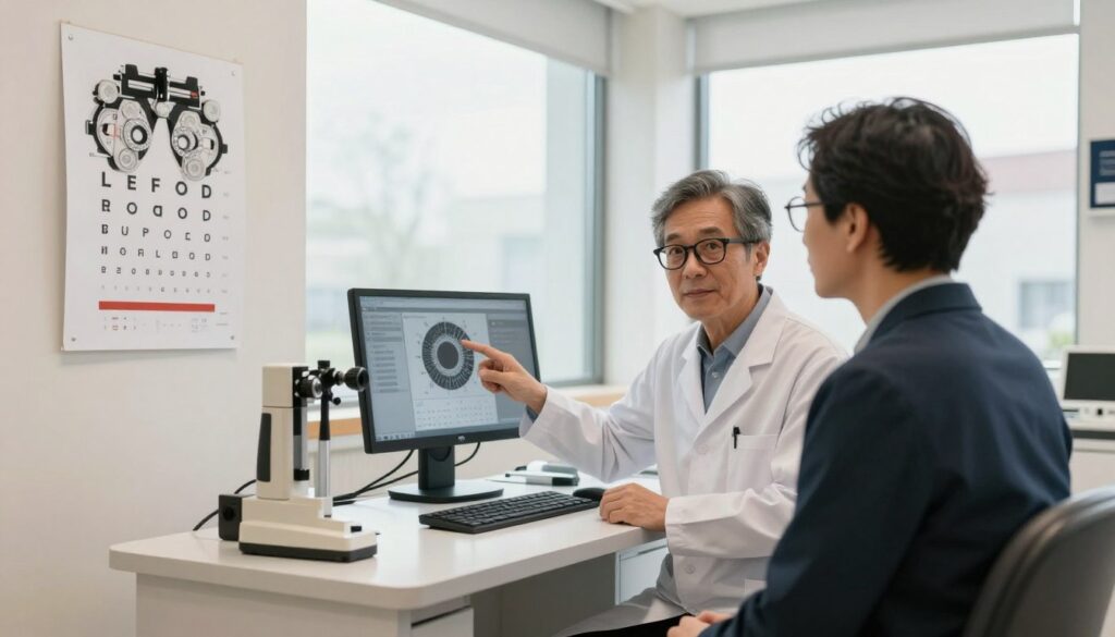 A patient sitting in a well-lit optometry office, wearing professional business attire, engages with an optometrist who is examining their eyes. In the foreground, a detailed eye chart hangs on the wall, and various eye examination tools like a phoropter and retinoscope are visible on a nearby table. The middle ground features the optometrist, a middle-aged person with glasses, attentively discussing the results while pointing to a digital screen displaying eye health statistics. The background showcases large windows allowing natural light to illuminate the room, enhancing the warm and professional atmosphere. Soft shadows create a sense of depth, evoking feelings of trust and care in the context of eye health assessments.