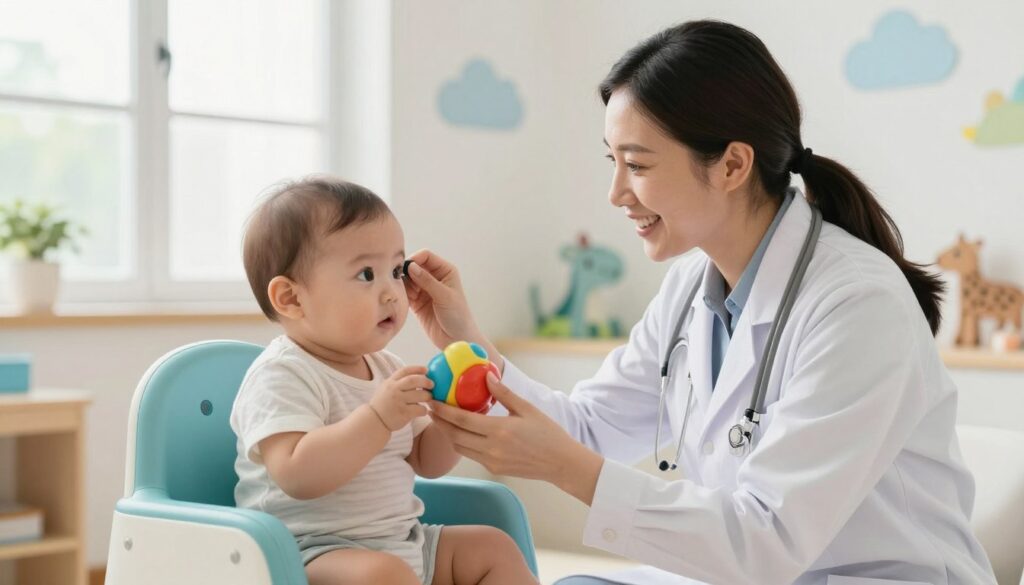 A pediatrician in a bright, inviting examination room is gently conducting a vision test for an infant. The doctor, dressed in a professional white coat, has a warm, reassuring smile and is looking directly at the baby, who is seated comfortably in a soft, colorful chair. The baby’s wide, curious eyes are fixated on a colorful toy held out by the doctor. Soft natural light filters through a nearby window, creating a calm atmosphere. In the background, there are playful wall decals of animals and clouds, contributing to the cheerful environment. The focus should be on the interaction between the pediatrician and the infant, showcasing a moment of gentle care during a vision examination.