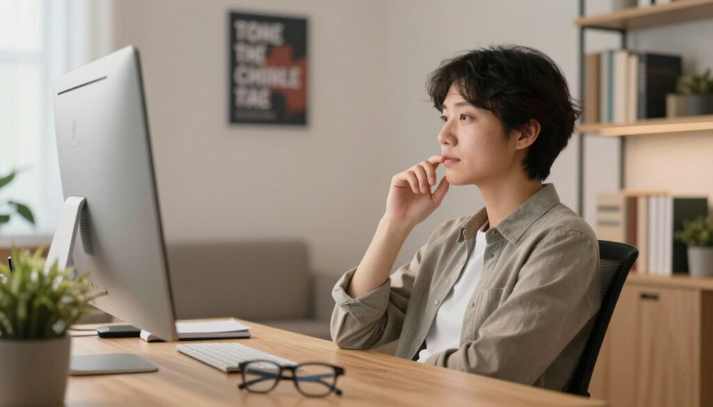 A person sitting at a modern desk, gazing thoughtfully at a computer screen, surrounded by soft, warm lighting. In the foreground, a pair of professional-looking eyeglasses rests on the desk, next to a small plant for a touch of nature. The middle ground features the user, wearing comfortable yet professional attire, with a serene expression as they take a moment to relax their eyes. The background reveals a cozy office environment with motivational posters and shelves filled with books. The scene conveys a calm, focused atmosphere, emphasizing the importance of eye relaxation and hydration during long hours in front of screens. The image should be bright and inviting, with a shallow depth of field to focus on the subject. A person sitting at a modern desk, gazing thoughtfully at a computer screen, surrounded by soft, warm lighting. In the foreground, a pair of professional-looking eyeglasses rests on the desk, next to a small plant for a touch of nature. The middle ground features the user, wearing comfortable yet professional attire, with a serene expression as they take a moment to relax their eyes. The background reveals a cozy office environment with motivational posters and shelves filled with books. The scene conveys a calm, focused atmosphere, emphasizing the importance of eye relaxation and hydration during long hours in front of screens. The image should be bright and inviting, with a shallow depth of field to focus on the subject.
