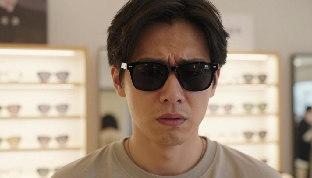 A person standing indoors, clearly showing discomfort while wearing black lenses, their expression reflecting uncertainty. The foreground captures their face with a close-up on the lenses, emphasizing the dark, opaque quality that creates a stark contrast against their neutral-toned, modest clothing. In the middle ground, a well-lit, stylish eyewear display can be seen, indicating a retail setting with various eyewear options. The background includes soft, ambient lighting to create a warm atmosphere, suggesting the overwhelming choice in eyewear. The scene conveys a mood of contemplation and caution, highlighting the potential mismatch between personal style and practicality when choosing black lenses. A person standing indoors, clearly showing discomfort while wearing black lenses, their expression reflecting uncertainty. The foreground captures their face with a close-up on the lenses, emphasizing the dark, opaque quality that creates a stark contrast against their neutral-toned, modest clothing. In the middle ground, a well-lit, stylish eyewear display can be seen, indicating a retail setting with various eyewear options. The background includes soft, ambient lighting to create a warm atmosphere, suggesting the overwhelming choice in eyewear. The scene conveys a mood of contemplation and caution, highlighting the potential mismatch between personal style and practicality when choosing black lenses.