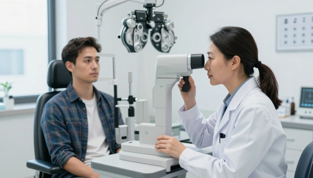 A professional ophthalmologist examining a patient's eyes in a bright, modern clinic. The foreground features the ophthalmologist, a middle-aged Asian woman in a crisp white lab coat, focusing intently on her work as she uses a digital retinal camera. In the middle ground, a relaxed patient, a young Caucasian man wearing a plaid shirt, sits comfortably in an examination chair, looking mildly concerned yet assured. The background showcases high-tech medical equipment, like eye charts and diagnostic tools, bathed in soft, natural light filtering through large windows, creating a calm and clinical atmosphere. The image conveys a sense of professionalism, trust, and the importance of thorough eye examinations that go beyond basic optical tests.