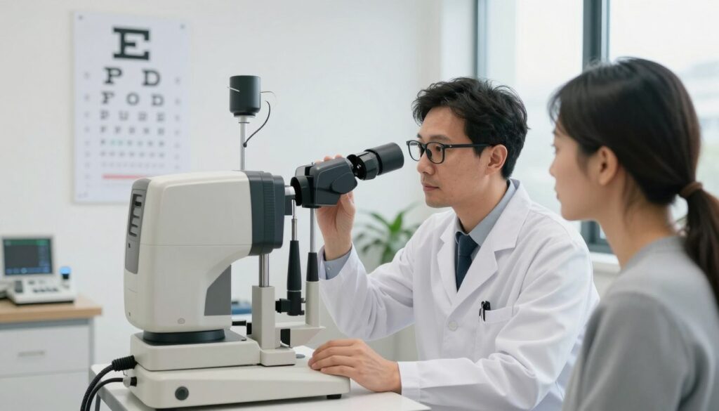 A professional optometrist conducting a vision examination in a bright, well-lit clinic. In the foreground, the optometrist, dressed in a crisp white lab coat and glasses, is focusing on a patient using a phoropter, showcasing an attentive and caring demeanor. The middle ground features an eye chart on the wall, with various symbols visible for vision testing. The background includes clinical equipment like an autorefractor, a slit lamp, and a large window letting in natural light, creating an inviting atmosphere. The overall mood is calm and supportive, emphasizing the importance of eye health and the diagnostic process. The image is taken from a slightly elevated angle to capture the interaction clearly while maintaining a professional and engaging setting.
