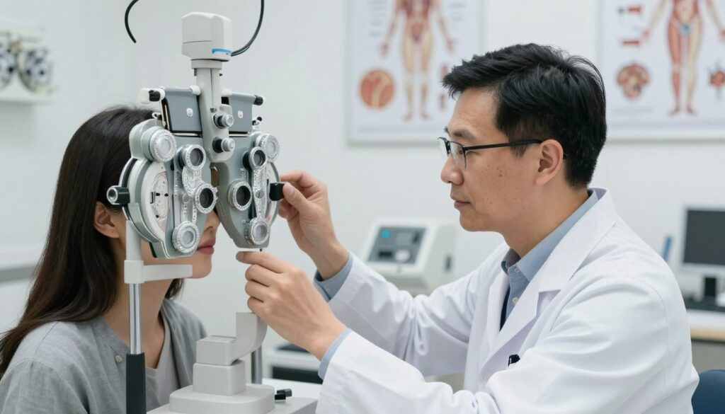 A professional optometrist examines a patient in a modern eye clinic. The foreground features a close-up of a state-of-the-art vision testing machine with clear, detailed instruments and dials. In the middle ground, a focused optometrist, dressed in a white coat, is conducting a vision test, holding an eye chart while the patient, wearing modest casual clothing, attentively follows instructions. The background is a bright and tidy clinic, equipped with various eye care tools and anatomical posters on the walls, creating a sense of professionalism. Soft, natural lighting illuminates the scene, enhancing clarity and focus. The overall mood is informative and reassuring, reflecting the importance of vision assessments for driving eligibility.