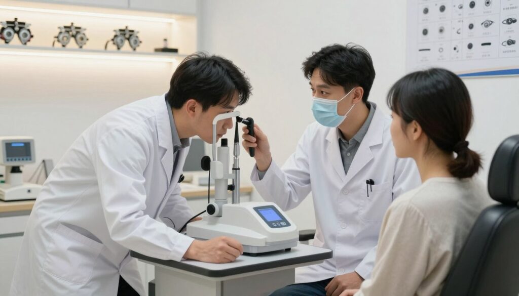 A professional optometrist in a white lab coat is demonstrating an eye pressure measurement using a contact tonometer and a non-contact tonometer in a well-lit examination room. In the foreground, the optometrist leans slightly forward, focusing intently on a patient seated at the examination chair, who is wearing modest casual clothing. The middle section features the eye examination equipment, including a sophisticated contact tonometer and a sleek non-contact device with digital displays. In the background, shelves filled with optical tools and charts about eye health are softly illuminated, adding a sterile yet inviting atmosphere. The lighting is bright yet soft, creating a calm and professional mood, emphasizing the importance of eye care.