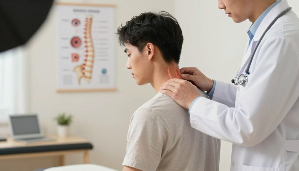 A professional setting depicting a doctor examining a patient with neck issues. In the foreground, a medical professional in a white coat, with a stethoscope, observes the patient's neck with a focus on the cervical spine area. The patient, wearing a simple, modest shirt, appears concerned yet calm, seated on an examination table. In the middle ground, a medical diagram of the cervical spine and its relation to vision issues is clearly displayed on the wall. The background features a well-lit clinic with soft, warm lighting that contributes to a reassuring atmosphere. A focused angle highlights the interaction between the doctor and patient, emphasizing the importance of differentiating between neck-related problems and eye or neurological diseases.
