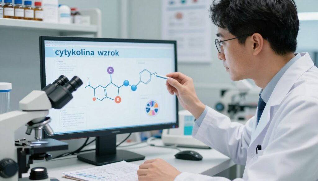 A professional setting featuring a close-up of a scientist in a lab coat, examining a digital screen displaying the chemical structure of "cytykolina wzrok" surrounded by molecular graphics and diagrams of visual support mechanisms. The scientist is focused, showcasing concentration and curiosity. In the foreground, tools like microscopes and charts can be observed. The background softly features shelves with vials and research papers. The lighting is bright, emphasizing a clean, clinical atmosphere while casting gentle shadows to add depth. The overall mood is one of innovation and discovery, reflecting the importance of cytykolina in vision support. The image is shot from a slightly elevated angle to capture all elements clearly without any text or distractions.