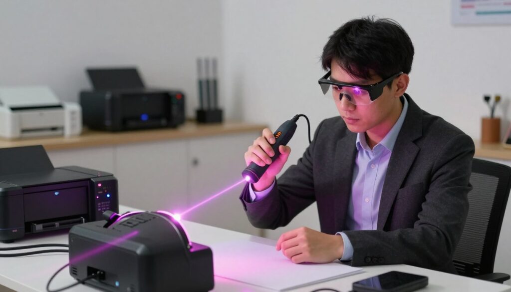 A professional workspace showing the dangers of laser exposure, focused on a dramatic foreground depicting a laser beam aimed towards a pair of human eyes, symbolizing risk. In the middle ground, include a person in business attire, wearing protective eyewear, holding a laser tool while cautiously examining materials, illustrating safety practices. The background fades into a home environment with various laser devices, like printers and pointers, subtly highlighting potential hazards. Use bright but harsh lighting to create a tense atmosphere, emphasizing the contrast between safety precautions and the lurking danger. The image should capture a sense of urgency and caution, with a clear focus on laser exposure risks without any additional text or overlays.