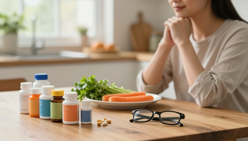 A serene and health-focused scene featuring a wooden table in the foreground with an array of eye-care dietary supplements in colorful bottles, neatly arranged beside a pair of glasses. In the middle ground, a healthy meal of leafy greens and carrots, symbolizing eyesight-boosting foods. The background shows a blurred cozy kitchen environment with warm natural lighting filtering through a window, creating a calm atmosphere. A confident adult wearing modest casual clothing studies the supplements thoughtfully, reflecting their importance in vision care. The soft focus enhances the visual appeal, while a hint of greenery in the background adds a refreshing touch to the composition.
