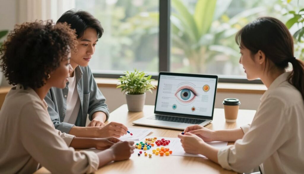 A serene and inviting indoor setting, showcasing a stylish, modern office desk filled with natural light filtering through a large window. In the foreground, a diverse group of three people—one Black woman, one Asian man, and one Caucasian woman—are engaging in a focused discussion, examining colorful eye supplements like capsules and gummies laid on the desk. The middle ground features a small potted plant and a sleek laptop displaying a diagram of eye health components. In the background, a soft blur of lush greenery outside adds to the calming atmosphere. The lighting is warm and bright, creating an optimistic and healthy mood, captured from a slightly elevated angle to emphasize the interaction and the supplements, perfect for illustrating the importance of eye health.