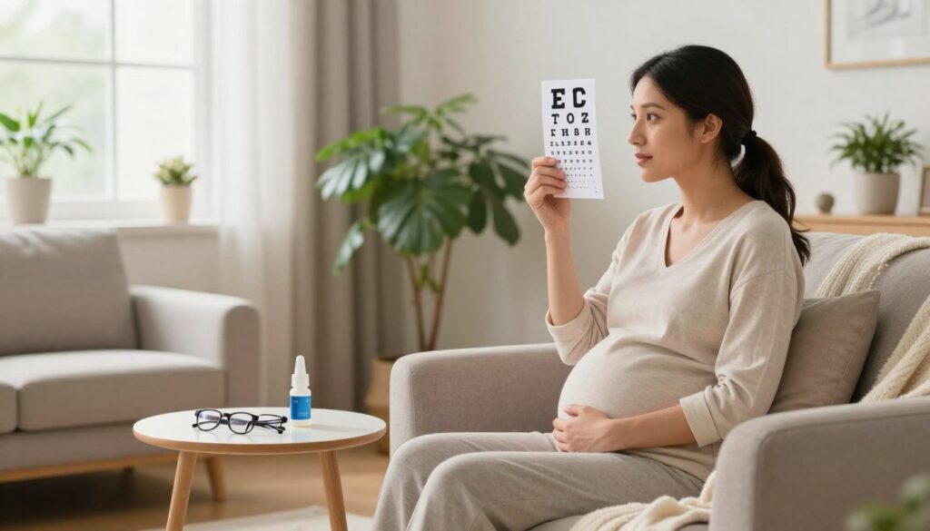 A serene and inviting scene featuring a pregnant woman seated comfortably in a well-lit, cozy living room. She is dressed in modest, casual clothing, holding an eye chart at a gentle angle as she focuses on her vision. In the foreground, a soft, plush armchair with a throw blanket complements the ambiance. The middle ground displays a small coffee table with eye care essentials like glasses and eye drops artfully arranged. The background showcases warm, natural light streaming through a large window with lush indoor plants, symbolizing health and vitality. The overall mood is calm and nurturing, emphasizing the importance of eye care during pregnancy. The lighting is soft and even, creating an inviting atmosphere that conveys wellness and attention to vision health.