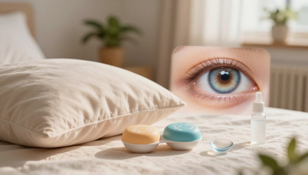 A serene and inviting still life composition that embodies the concept of comfort in contact lenses. In the foreground, showcase a soft, plush pillow and a pair of stylish, colorful contact lens cases arranged elegantly. Include a small vial of lens solution beside them, exuding a sense of care. In the middle ground, place a close-up of a human eye sparkling with clarity, comfortably wearing a lens, highlighted with a gentle glow. The background should be softly blurred to enhance focus on the foreground elements, featuring a cozy, well-lit room setting with potted plants and warm-toned lighting that creates a soothing atmosphere. The mood is calm and reassuring, emphasizing the importance of comfort and hydration in lens wear. A serene and inviting still life composition that embodies the concept of comfort in contact lenses. In the foreground, showcase a soft, plush pillow and a pair of stylish, colorful contact lens cases arranged elegantly. Include a small vial of lens solution beside them, exuding a sense of care. In the middle ground, place a close-up of a human eye sparkling with clarity, comfortably wearing a lens, highlighted with a gentle glow. The background should be softly blurred to enhance focus on the foreground elements, featuring a cozy, well-lit room setting with potted plants and warm-toned lighting that creates a soothing atmosphere. The mood is calm and reassuring, emphasizing the importance of comfort and hydration in lens wear.
