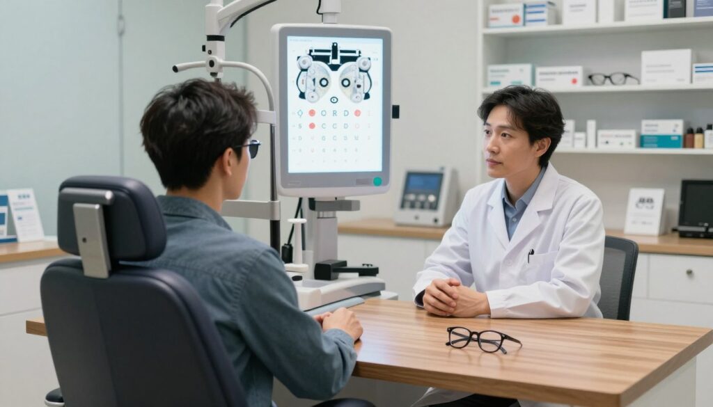 A serene and organized optometry office, featuring a person in professional attire examining a digital eye chart. In the foreground, a stylish, modern eye examination chair and a set of eyeglasses are placed neatly on a polished wooden table. The middle ground showcases the eye chart displaying vibrant letters and symbols illuminated by soft white clinical lighting, while an optometrist consults with a patient, both engaged in a focused conversation. In the background, shelves filled with various lenses and eye care products create a sense of depth. The atmosphere is calm and supportive, conveying the importance of eye health and the role of professional assistance in vision care, creating an inviting space that emphasizes clarity and focus.