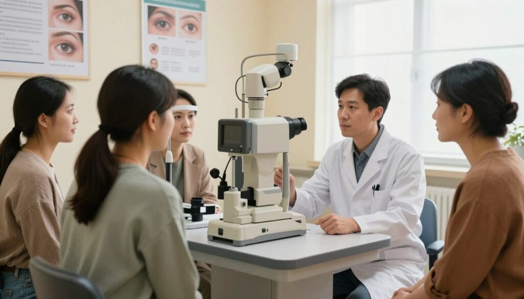 A serene and well-lit medical consultation room, focused on a professional eye doctor examining a patient's vision. In the foreground, a diverse group of patients in modest casual clothing, looking attentive and hopeful, while the doctor, dressed in a white coat, discusses treatment options. In the middle ground, advanced eye examination equipment like a phoropter and slit lamp, emphasizing modern technology. The background features calming colors, with posters on eye health awareness adorning the walls, creating an atmosphere of trust and care. Soft, natural light flows through large windows to enhance the scene's warmth. Emphasize a mood of reassurance and professionalism, capturing the essence of vision treatment and its importance.