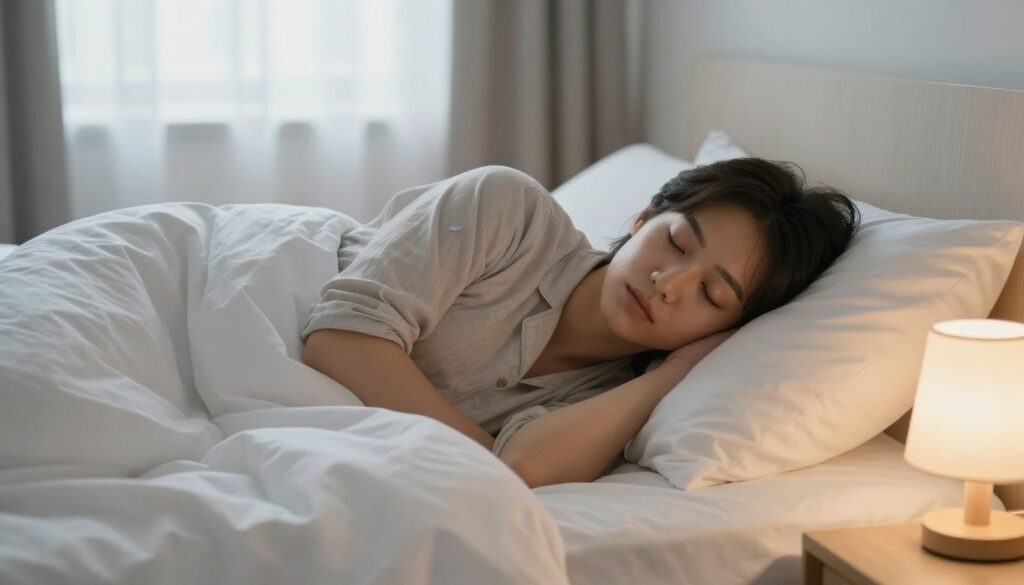A serene bedroom scene featuring a young adult comfortably asleep while wearing soft contact lenses. The foreground depicts a neatly made bed with crisp white sheets, a bedside table with a small lamp casting warm light, and a cozy blanket draped over the edge. In the middle, the person sleeps peacefully, dressed in modest pajamas, with an expression of calmness reflecting the tranquility of the environment. Soft pillows support their head. The background features a softly lit window with curtains gently billowing, hinting at early morning light filtering in. The overall mood is peaceful and soothing, emphasizing the importance of sleep and the choice to wear contact lenses safely. A serene bedroom scene featuring a young adult comfortably asleep while wearing soft contact lenses. The foreground depicts a neatly made bed with crisp white sheets, a bedside table with a small lamp casting warm light, and a cozy blanket draped over the edge. In the middle, the person sleeps peacefully, dressed in modest pajamas, with an expression of calmness reflecting the tranquility of the environment. Soft pillows support their head. The background features a softly lit window with curtains gently billowing, hinting at early morning light filtering in. The overall mood is peaceful and soothing, emphasizing the importance of sleep and the choice to wear contact lenses safely.
