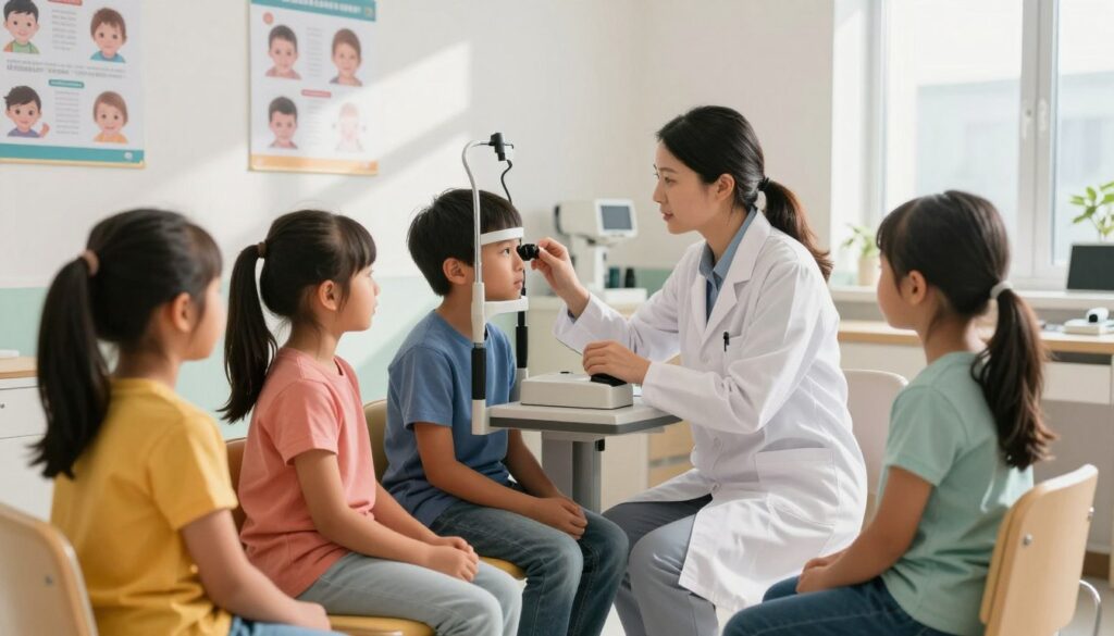 A serene children's eye examination scene in a well-lit pediatric clinic. In the foreground, a diverse group of children, ages 5 to 10, attentively sit in comfortable chairs, wearing colorful, non-distracting clothing. In the middle ground, a caring pediatric optometrist, dressed in a white coat, is using an autorefractor to check a child's vision, showcasing a thoughtful interaction. The background features educational posters about common eye conditions, soft natural light streaming through a window, casting gentle shadows. The atmosphere is calm and professional, emphasizing the importance of eye health in children. The overall composition conveys a sense of trust and safety, ideal for an informative article. A serene children's eye examination scene in a well-lit pediatric clinic. In the foreground, a diverse group of children, ages 5 to 10, attentively sit in comfortable chairs, wearing colorful, non-distracting clothing. In the middle ground, a caring pediatric optometrist, dressed in a white coat, is using an autorefractor to check a child's vision, showcasing a thoughtful interaction. The background features educational posters about common eye conditions, soft natural light streaming through a window, casting gentle shadows. The atmosphere is calm and professional, emphasizing the importance of eye health in children. The overall composition conveys a sense of trust and safety, ideal for an informative article.