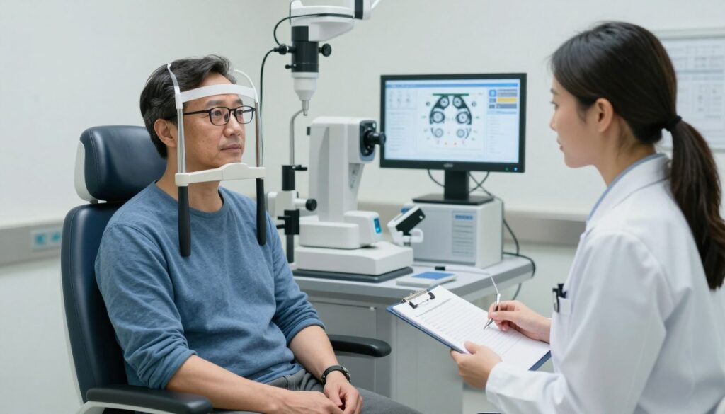 A serene, clinical setting depicting a post-surgery eye examination. In the foreground, a patient, a middle-aged man in a casual blue shirt and glasses, is seated comfortably in an examination chair, appearing calm and attentive. A healthcare professional, a woman in a white lab coat, is consulting him, holding a clipboard with notes about follow-up care. The middle space shows advanced medical equipment and a brightly lit examination room, with soft, diffused lighting creating a soothing atmosphere. In the background, a wall-mounted monitor displays eye charts and diagrams. The overall mood is reassuring and informative, emphasizing the importance of follow-up care after eye surgery, with a focus on professionalism and trust in the healthcare process.