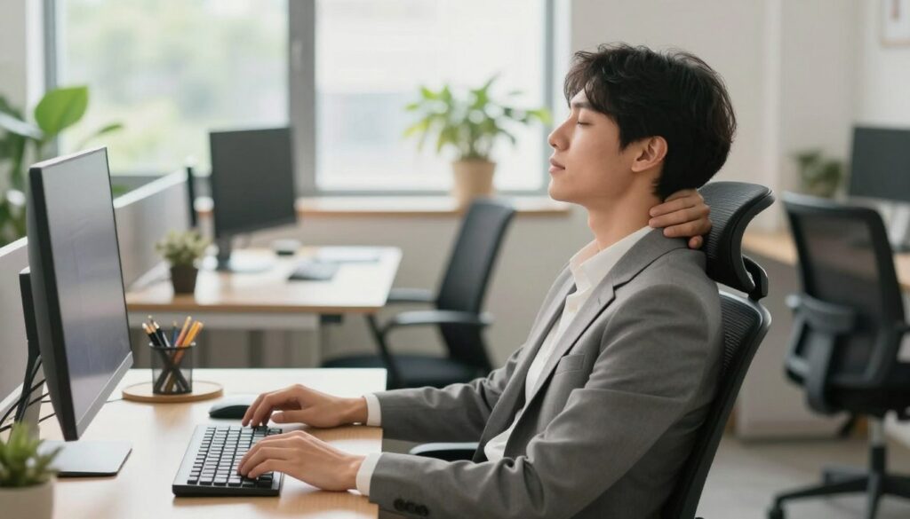 A serene office environment emphasizing proper ergonomics with a focus on neck and shoulder relaxation. In the foreground, show a person seated at a desk, dressed in professional business attire, demonstrating good posture while working on a computer. The individual is engaging in a gentle neck stretch, with visible tension relief. In the middle ground, display ergonomic tools like an adjustable chair, a standing desk, and a monitor at eye level. The background features soft, natural light coming through a window adorned with indoor plants, contributing to a calming, productive atmosphere. The overall mood is tranquil and focused, highlighting the importance of reducing neck tension for better well-being and eyesight.