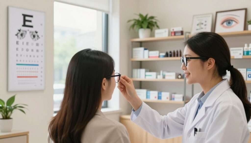 A serene optometry clinic interior, featuring a comfortable, well-lit space with large windows allowing natural light to flood in. In the foreground, a focused optometrist in professional attire examines a patient wearing stylish glasses, both looking intently at an eye chart on the wall. The middle layer includes shelves filled with various eye care products and posters illustrating eye health concepts. In the background, a calming green plant adds a touch of nature to the clinical environment. The lighting is soft and warm, creating an inviting and professional atmosphere. The scene radiates hope and optimism, emphasizing the idea of improved vision and eye care.