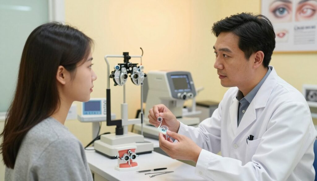 A serene, professional setting depicting the process of beginning orthokeratology. In the foreground, a well-dressed optometrist, wearing a white lab coat, gently guiding a young adult patient. The optometrist explains the orthokeratology lens fitting procedure, with a detailed lens and tools on the table. In the middle ground, various eye care equipment is visible, including trial lenses, a phoropter, and a model eye. The background features soft, glowing lighting, creating a welcoming atmosphere in a modern optometry clinic. The walls are painted in calming colors, with inspirational eye care posters. The overall mood is educational, supportive, and encouraging, reflecting the first steps in adapting to orthokeratology lenses. A serene, professional setting depicting the process of beginning orthokeratology. In the foreground, a well-dressed optometrist, wearing a white lab coat, gently guiding a young adult patient. The optometrist explains the orthokeratology lens fitting procedure, with a detailed lens and tools on the table. In the middle ground, various eye care equipment is visible, including trial lenses, a phoropter, and a model eye. The background features soft, glowing lighting, creating a welcoming atmosphere in a modern optometry clinic. The walls are painted in calming colors, with inspirational eye care posters. The overall mood is educational, supportive, and encouraging, reflecting the first steps in adapting to orthokeratology lenses.