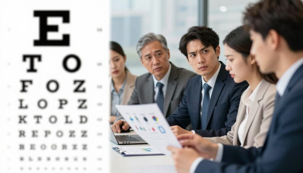 A thought-provoking illustration depicting systemic causes of vision impairment. In the foreground, a focused eye chart with letters gradually blurring as they move toward the viewer, symbolizing deteriorating vision. In the middle ground, a diverse group of professionals wearing business attire, discussing a visual data chart displaying various health conditions that can affect eyesight – like diabetes and hypertension – with a concerned expression. In the background, a muted, blurred cityscape representing the wider systemic factors affecting health. Use soft, natural lighting to convey a serious yet hopeful mood, captured with a shallow depth of field to emphasize the foreground. The composition should feel engaging, inviting the viewer to reflect on the interconnectedness of health issues and vision.